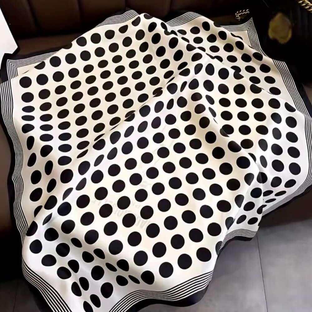 NWT Polkadot Print Square Scarf Silk Satin Black White Neck Hair Accessory - Picture 4 of 8